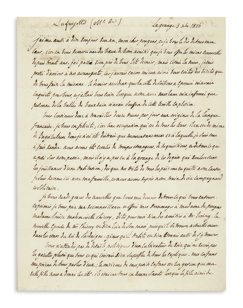 LAFAYETTE, GILBERT DU MOTIER; MARQUIS DE. Autograph Letter Signed, Lafayette, to Charles de Pougens, in French,